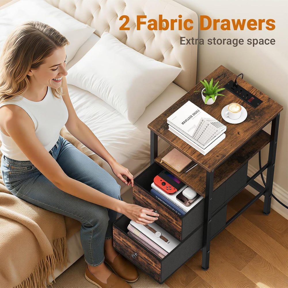 Lewondr End Table with Charging Station and LED Light, Narrow Side Table with...