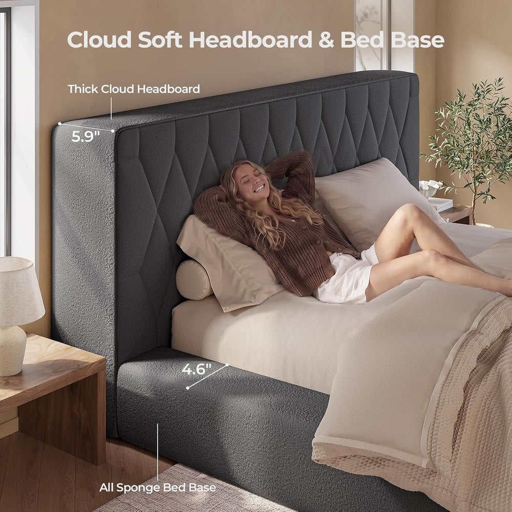 ADORNEVE Upholstered Cloud Bed Frame Queen with 5.9" Thick Headboard, Grey
