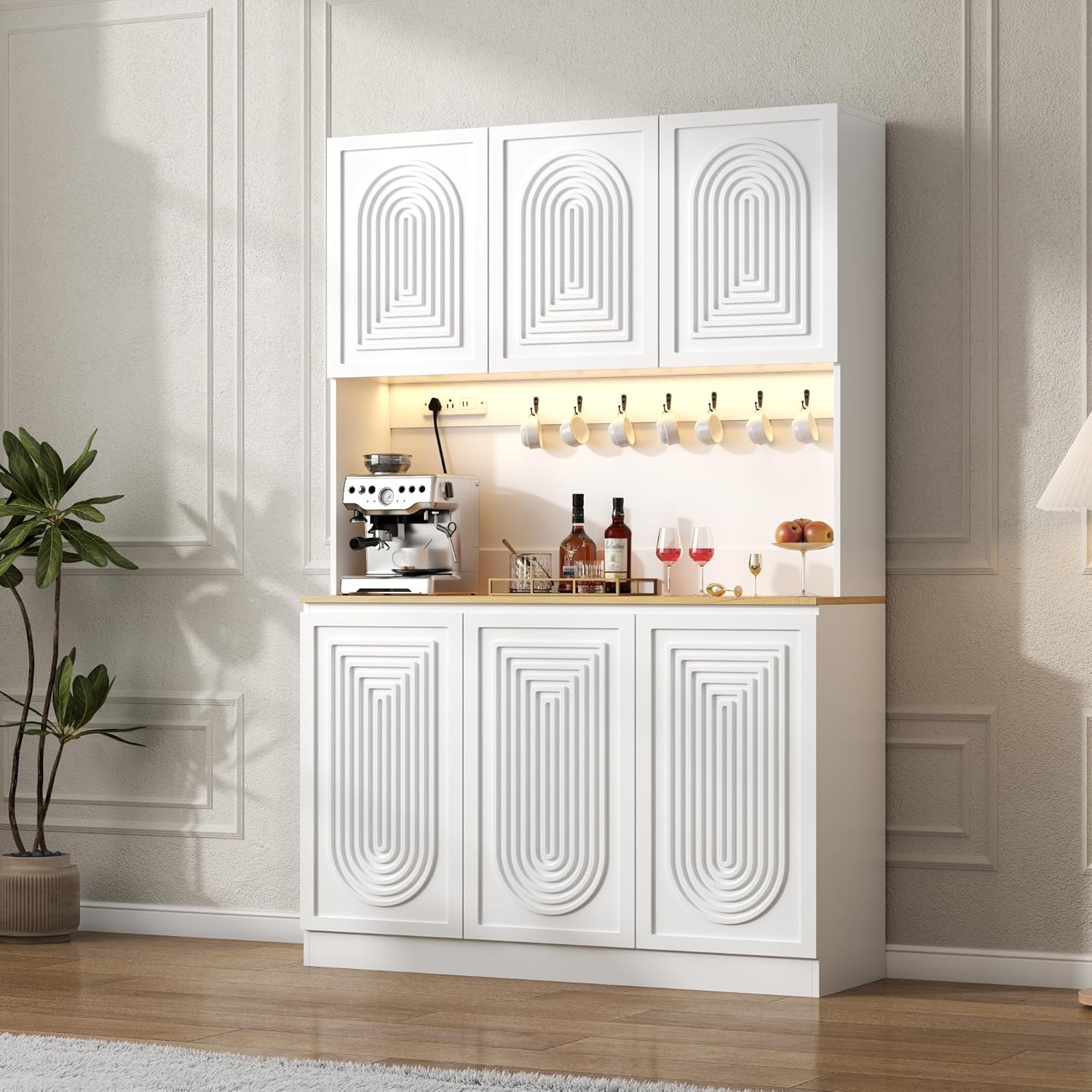 71" Black Kitchen Pantry with Power Outlet & LED Light, Large Kitchen Hutch Cabinet with Adjustable Shelf, Modern Buffet Cabinet with 6 Doors, Food Pantry Storage for Dining Room (White 6 Doors)