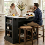 40“ L Black Kitchen Island with A 14.5” W Folding Faux Marble Tabletop, Wooden Kitchen Island with Power Outlet, Storage Cabinet & Drawer and Open Adjustable Shelving