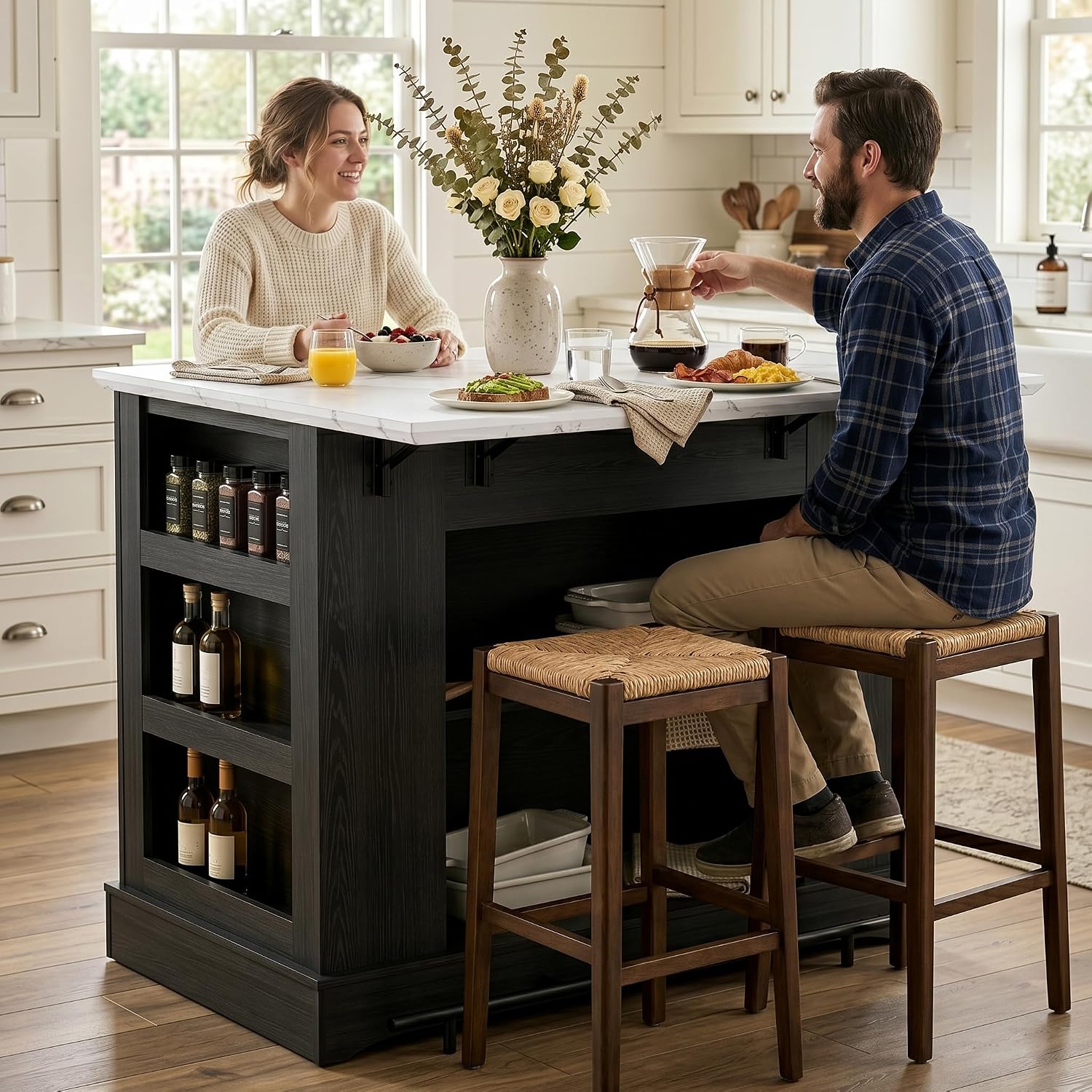 40“ L Black Kitchen Island with A 14.5” W Folding Faux Marble Tabletop, Wooden Kitchen Island with Power Outlet, Storage Cabinet & Drawer and Open Adjustable Shelving