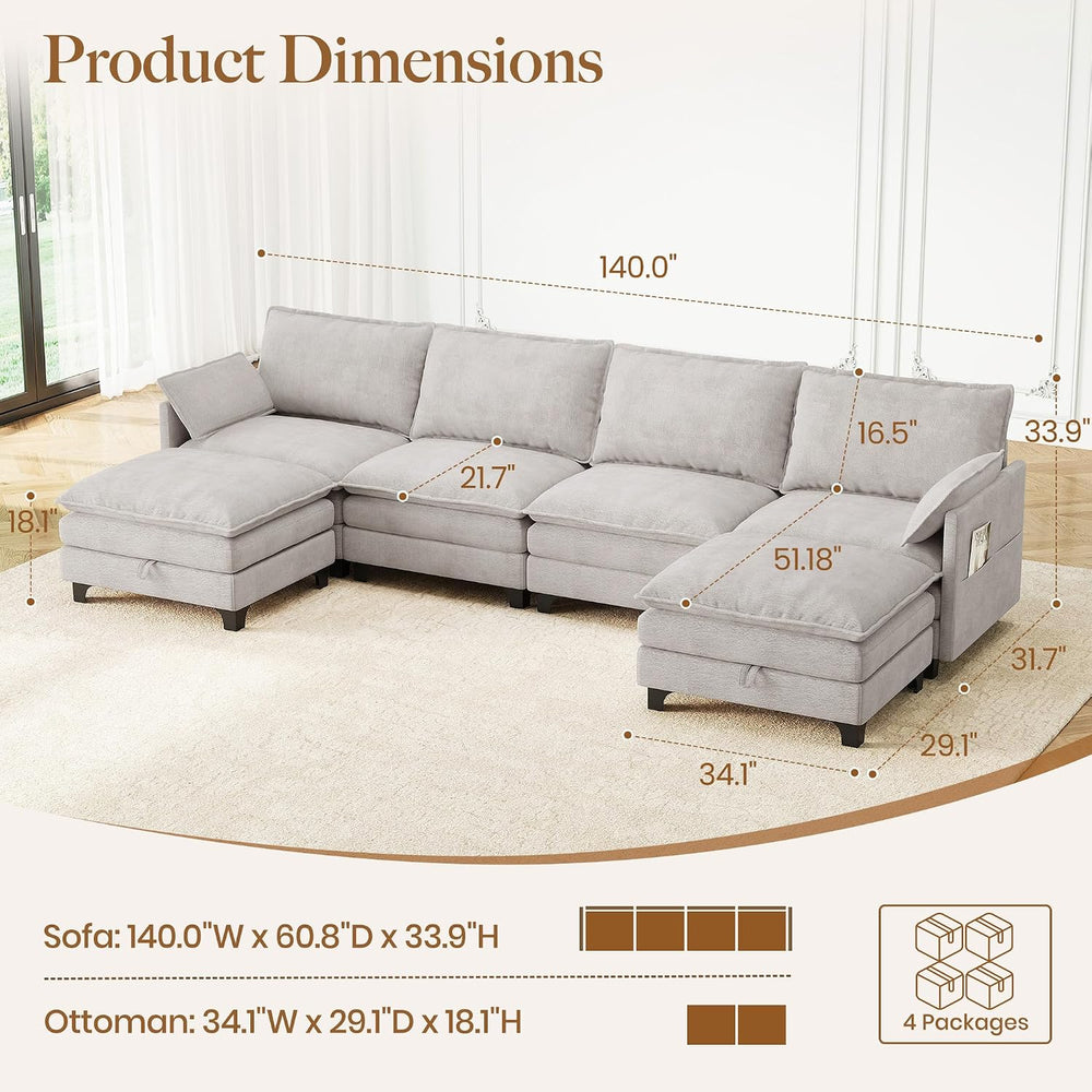 140" U-Shaped Modern Modular Sectional Couch, Chenille Cloud Couches wit...
