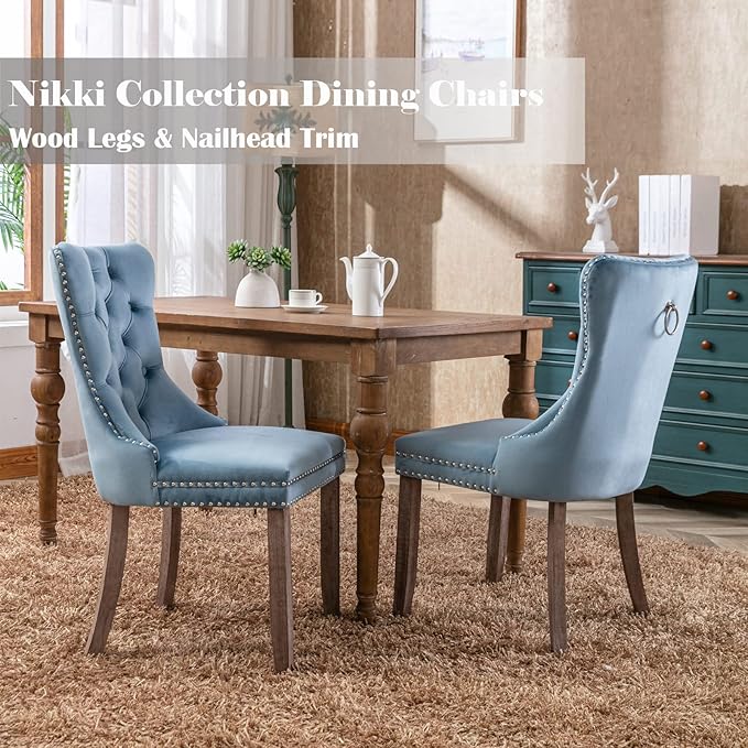 Upholstered Dining Chairs Set of 2, Velvet Dining Room Chairs with Back Ring Pull Trim and Solid Wood Legs, Tufted Wingback Kitchen Chair Perfect for Dining Room,Living Room,Kitchen(Light Blue)