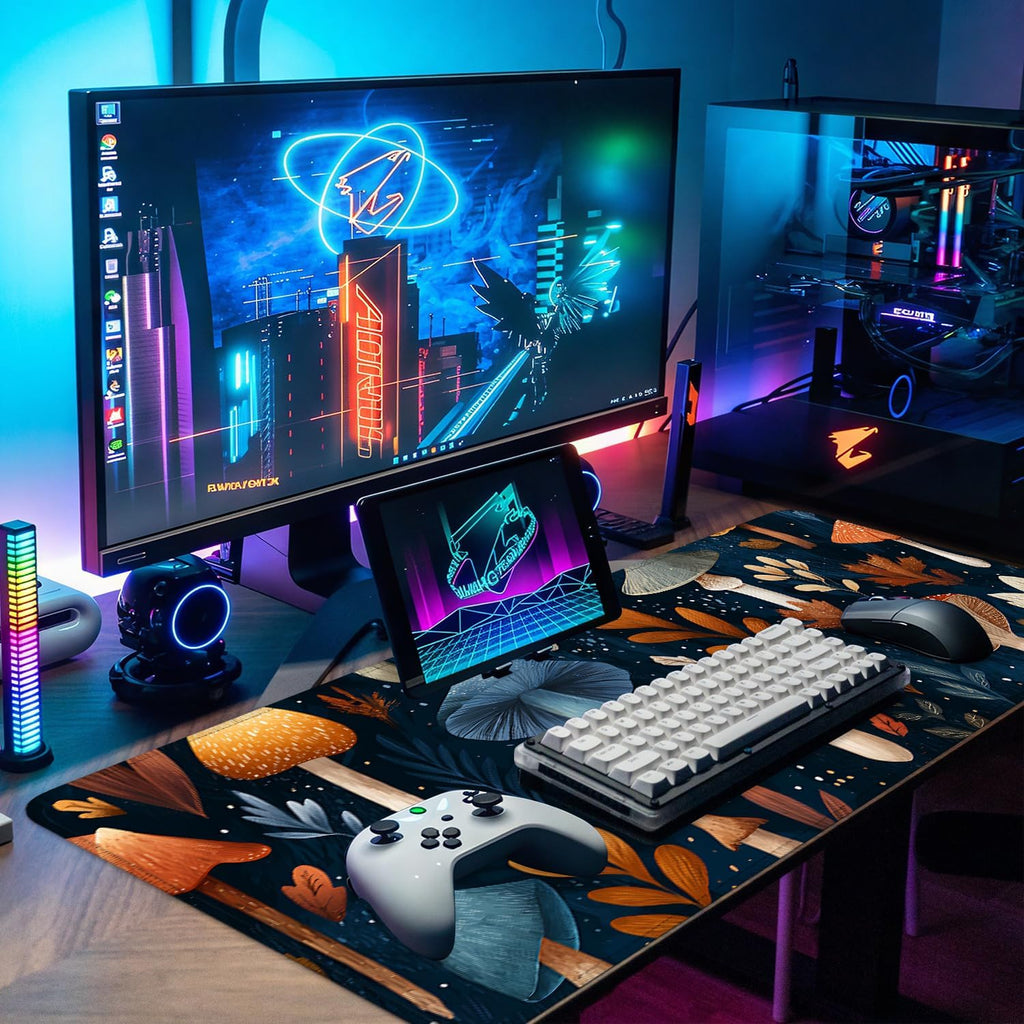 Mushroom Forest Mouse Pad – Large Extended Desk Mat 31.5 x 11.8 in– Autumn Woodland Fungi Illustration, Waterproof Surface, Non-Slip Rubber Base, Keyboard & Mouse Pad for Nature Lovers