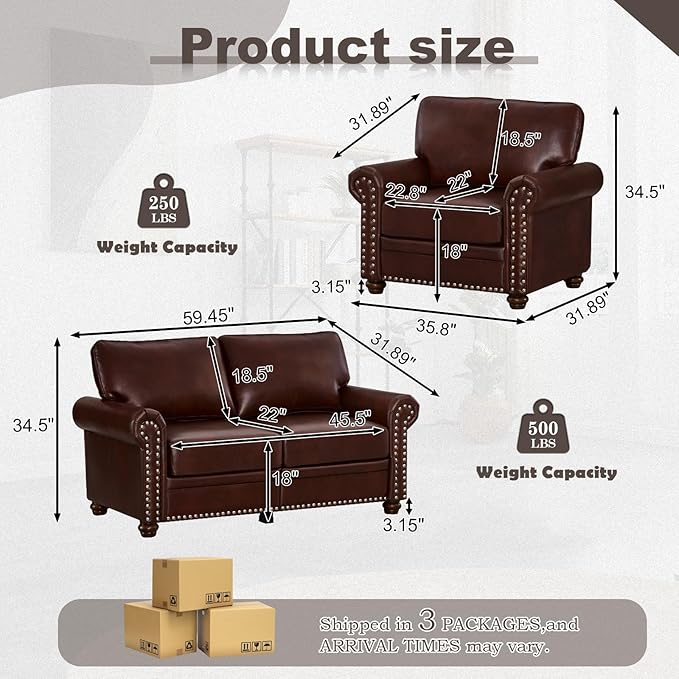 2 Piece Faux Leather Sofa Set,Modern Chair and Loveseat Sets with Storage,Mid Century Couch with Rivet Rolled Arm,Comfy Deep Seat Sofa,Furniture for Living Room,Office(Armchair+Loveseat,Burgundy)