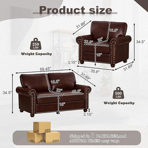 2 Piece Faux Leather Sofa Set,Modern Chair and Loveseat Sets with Storage,Mid Century Couch with Rivet Rolled Arm,Comfy Deep Seat Sofa,Furniture for Living Room,Office(Armchair+Loveseat,Burgundy)