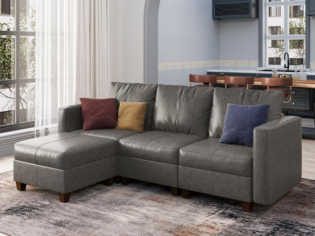 EASE MOOSE Faux Leather Modualr Sectional Couch with Storage,Gray Faux Leather Sectional Sofa Modular Couch