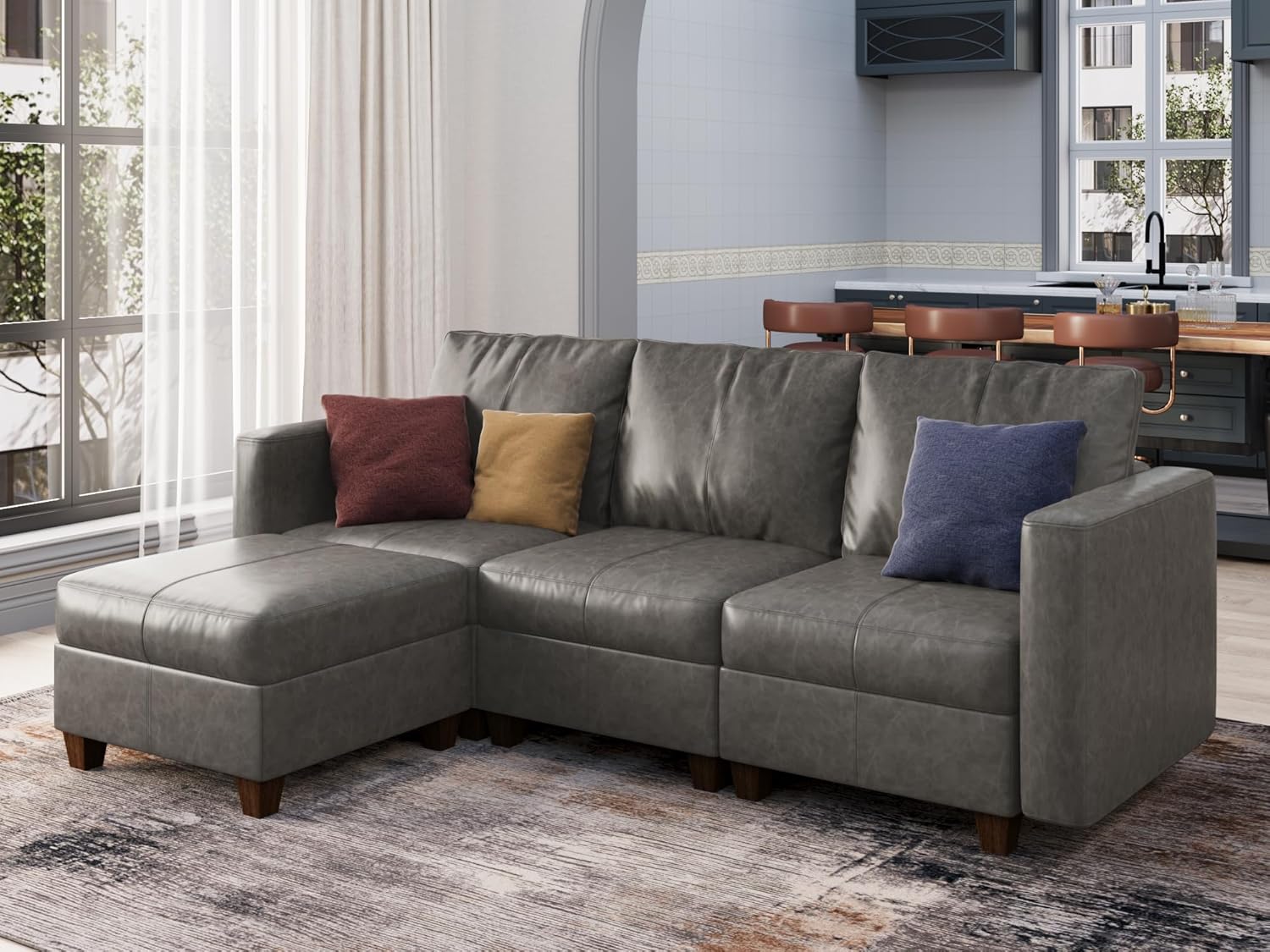 EASE MOOSE Faux Leather Modualr Sectional Couch with Storage,Gray Faux Leather Sectional Sofa Modular Couch