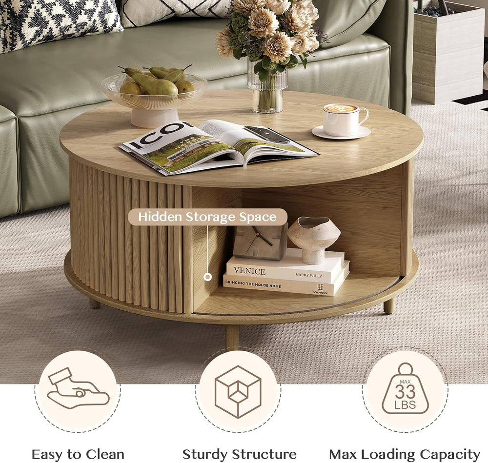 JOINICE 31.5" Round Coffee Table with Storage for Living Room, Natural Oak
