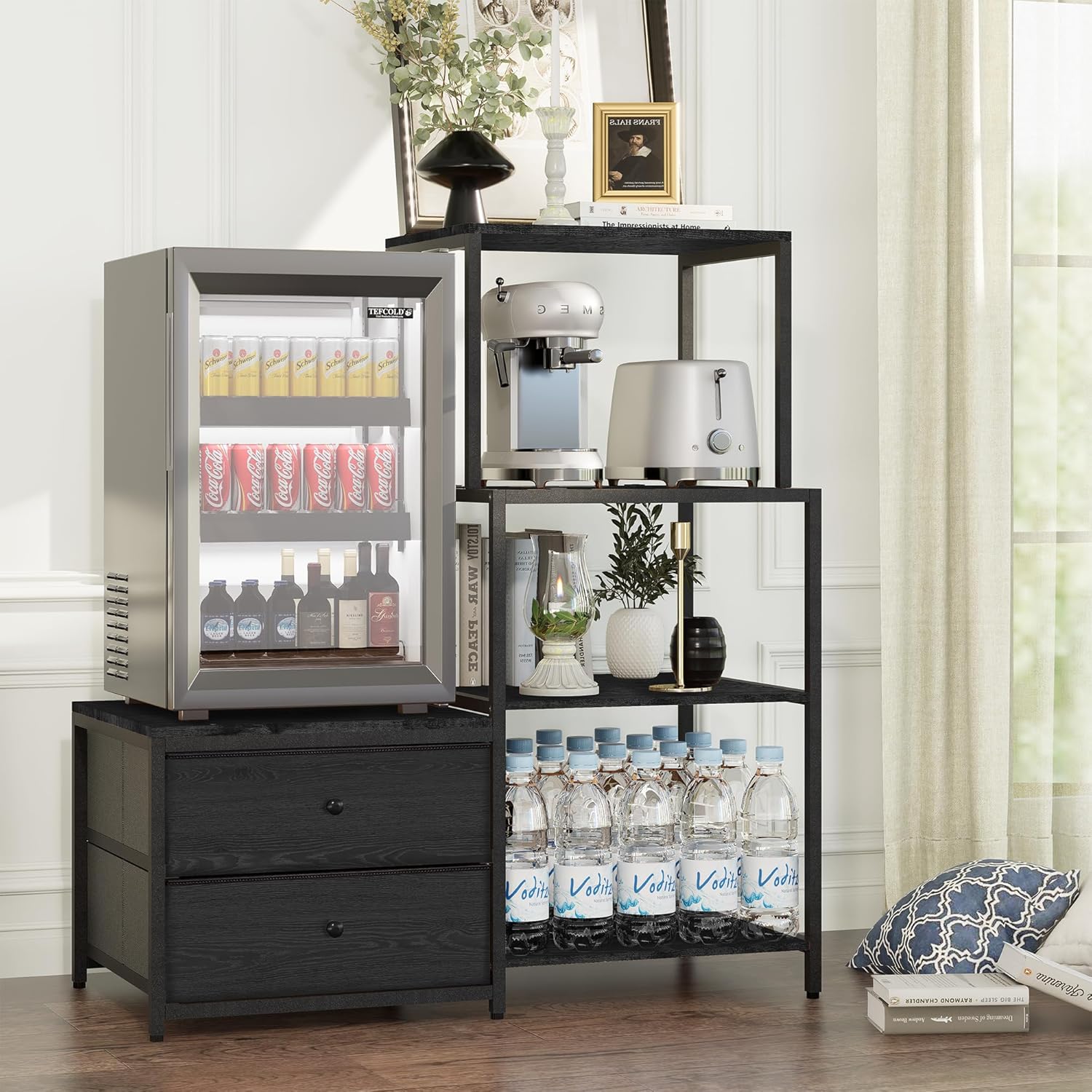 Mini Fridge Stand with Storage, Microwave and mini Fridge Stand with Power Outlet, Coffee Bar,Kitchen Baker,for Dorm,Office(Black)