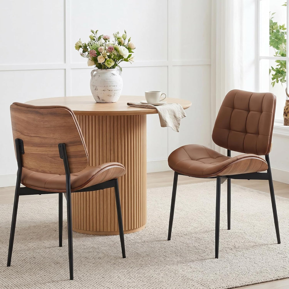 Mid Century Modern Dining Chairs Set of 4, Brown | Faux Leather Upholstery, W...