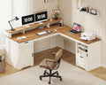YOMILUVE Farmhouse 63" L Shaped Desk with Drawers and Storage Shelf, Home Office Desk with Power Outlets, Storage Cabinet, Corner Computer Desk with Long Monitor Stand, Brown and White
