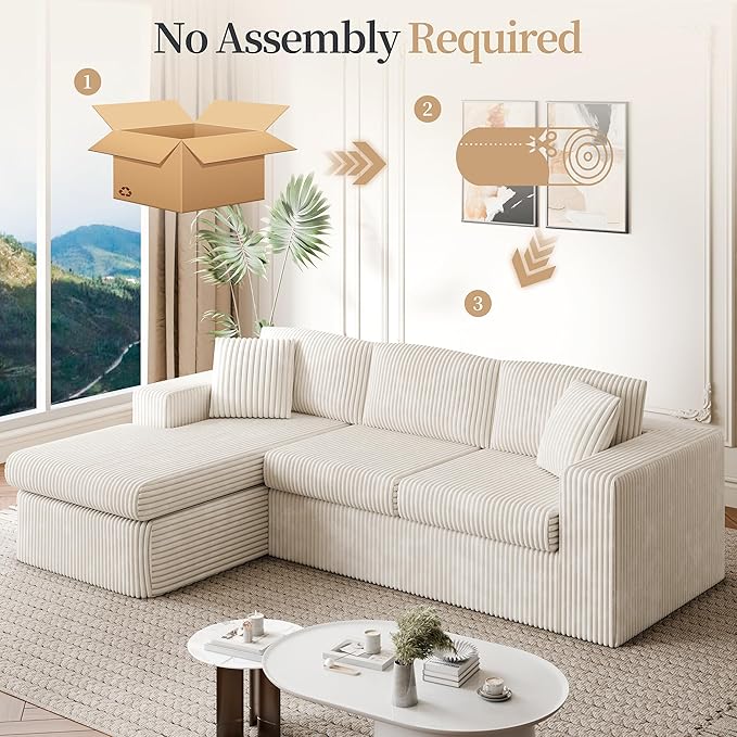 Vongrasig 105" Boneless Couches for Living Room, Sectional Couches Modular Sofa with L-Shaped Chaise, Memory Foam Comfy Cloud Couch with Plush Corduroy Fabric, No Assembly Required, Beige