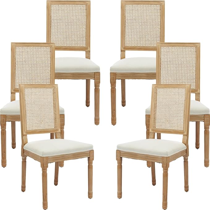 French Country Dining Chairs Set of 6, Cream Kitchen & Dining Room Chairs Set of 6, Ivory Rattan Dining Chairs, Cane High Back, Wood Legs, Sillas De Comedor (Rattan, Beige, 6Pcs)