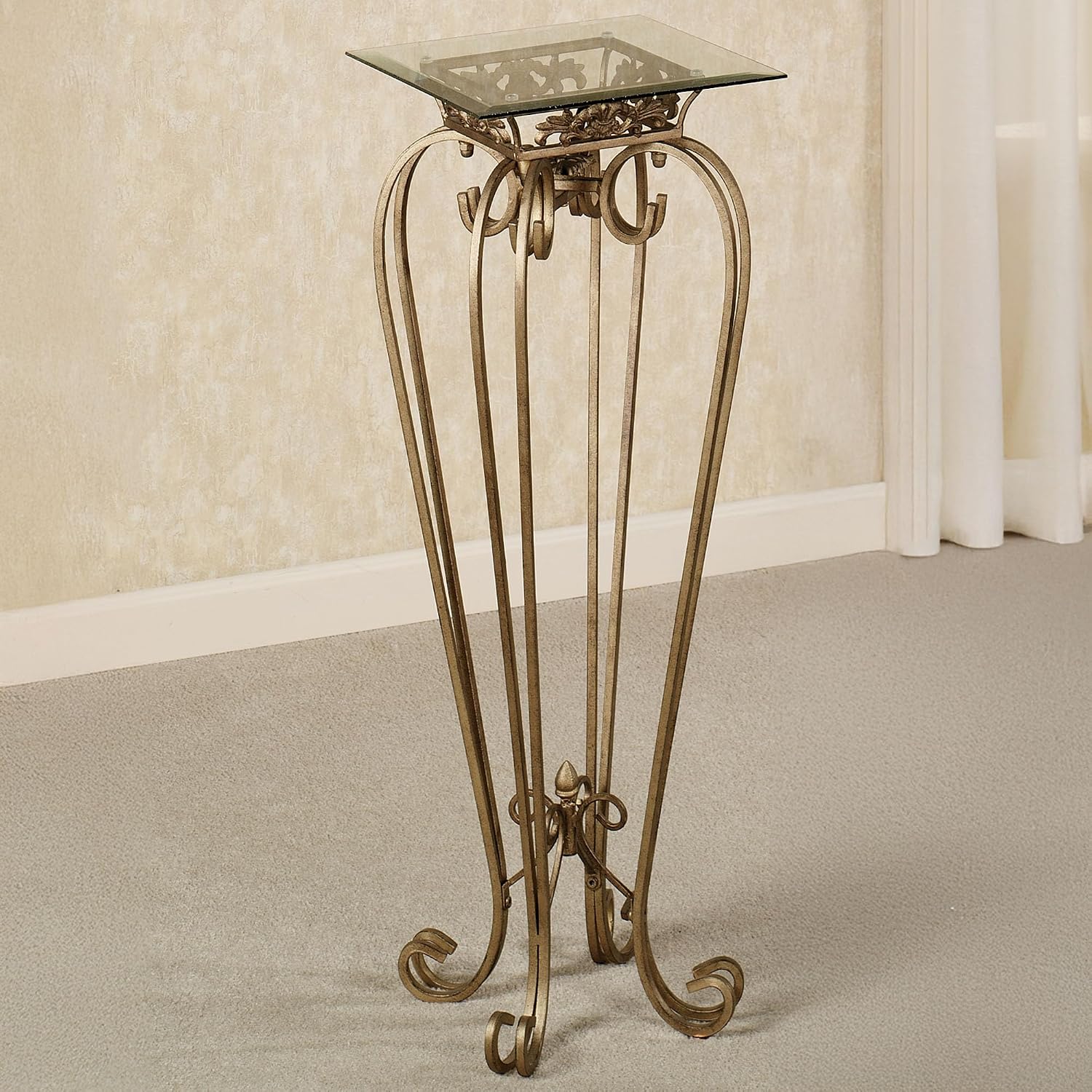 Touch of Class Chalcedony Metal Scroll Pedestal Table, Antique Gold, 36" H | Beveled Glass, Made of Iron, Square Shaped Top, Elegant Style, Accent Furniture for Living Room, Sun Room, or Bedroom
