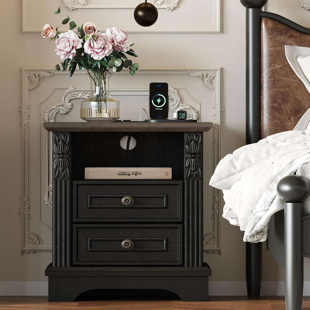 BLANKSPACE Nightstand with Charging Station, Farmhouse End Side Table, 20” Night Stand Bedside Cabinet for Bedroom, Living Room （Black ＆ Brown）