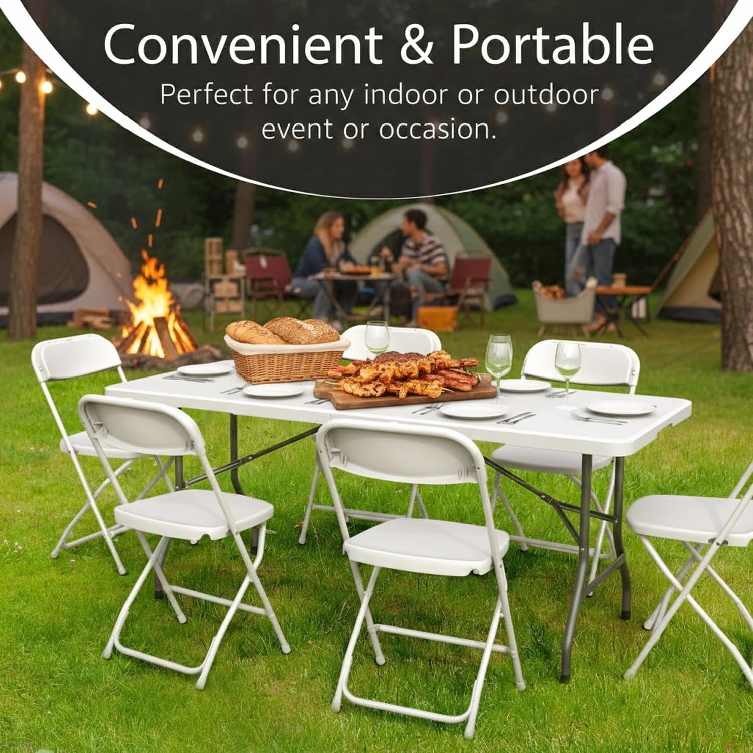 Rewing 6FT Folding Table Heavy Duty 180cm White Table With Carry Handle For All Occasions - 150kg Capacity - For Wedding, Office, Garden, Camping