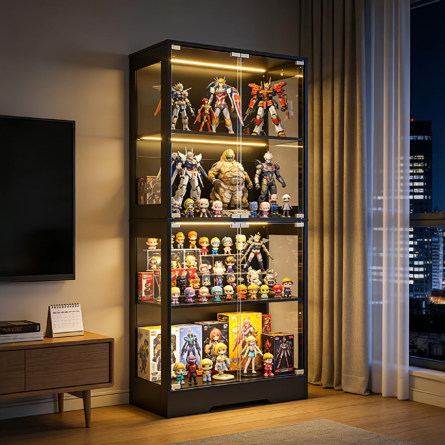 GINGO 5.5 Ft Display Cabinet with Glass Doors, 4-Tier Curio Cabinet with 3 Color Lights for Collectibles, Glass Display Case with Human Body Sensor, Bookcase with 4 Shelves, Storage Cabinets, Black