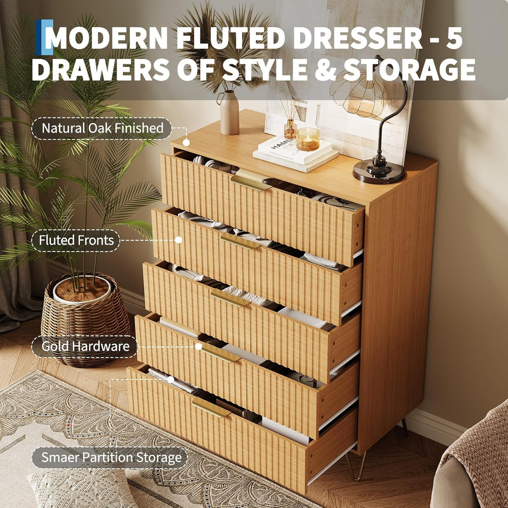 Garvee Fluted Dresser for Bedroom with 5 Drawers,32" Wide Modern Chest of Wooden Bedroom Chest with Metal Handle,Clothes Storage Organizer,Closet Dresser & TV Stand for Living Room,Hallway,Natural Oak