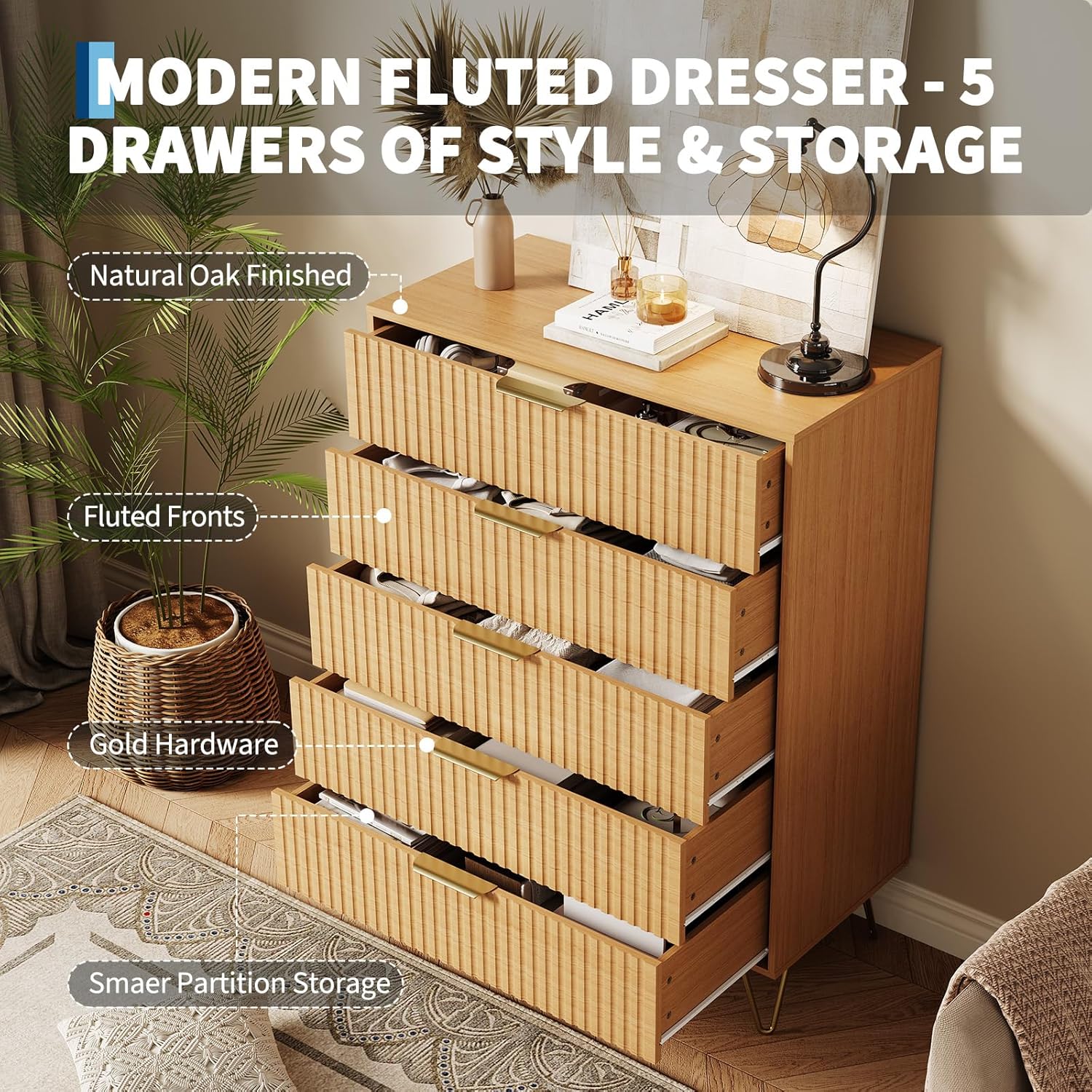 Garvee Fluted Dresser for Bedroom with 5 Drawers,32" Wide Modern Chest of Wooden Bedroom Chest with Metal Handle,Clothes Storage Organizer,Closet Dresser & TV Stand for Living Room,Hallway,Natural Oak