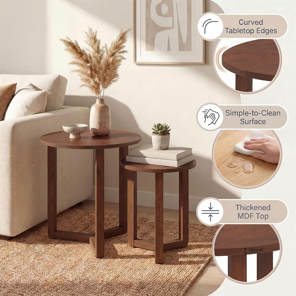 KOTEK Nesting Table Set of 2, Round Coffee Table for Living Room (Walnut) | M...