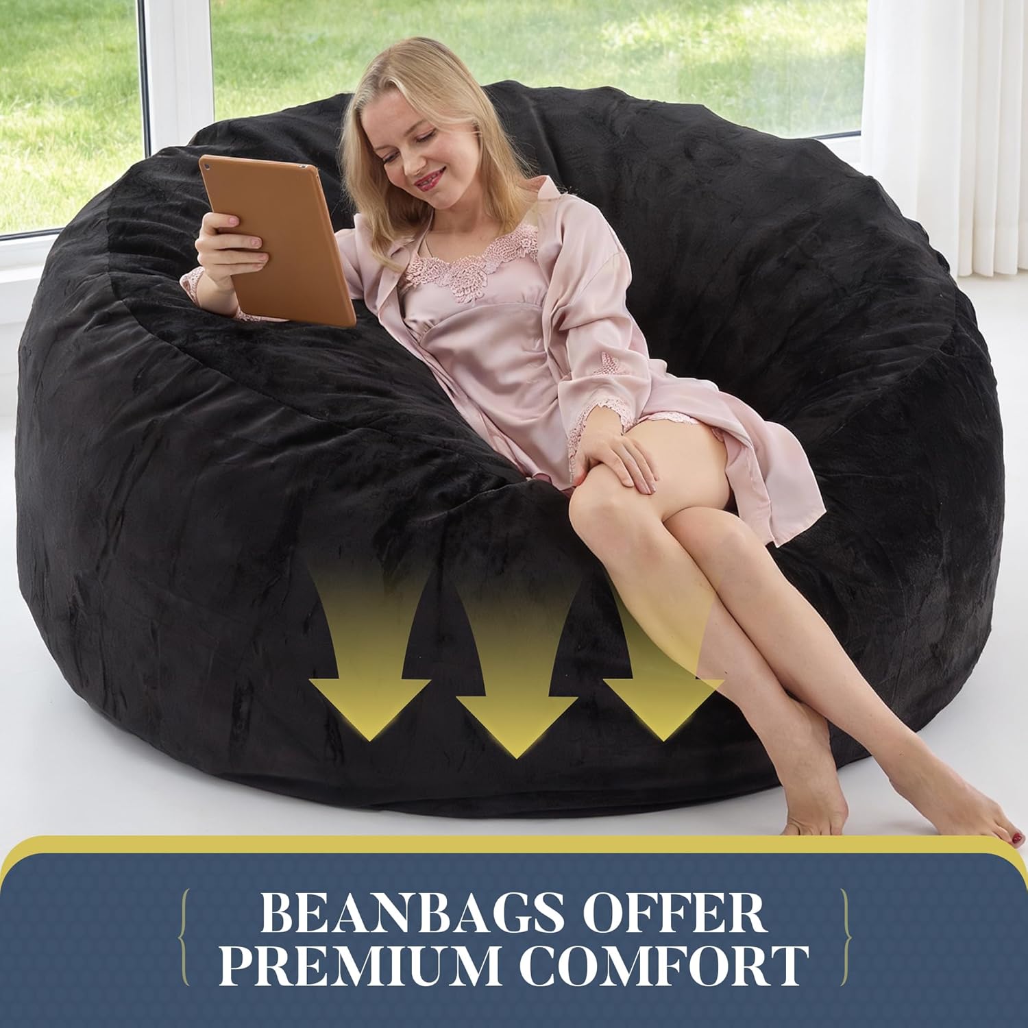 Magic in House 3FT Bean Bag Chair - BeanBag Chairs with Filler, Large Round Fluffy Sofa for Adults, Removable Machine-Washable Flannel Cover, for Living Room & Bedroom - Black(35"x35"x25")