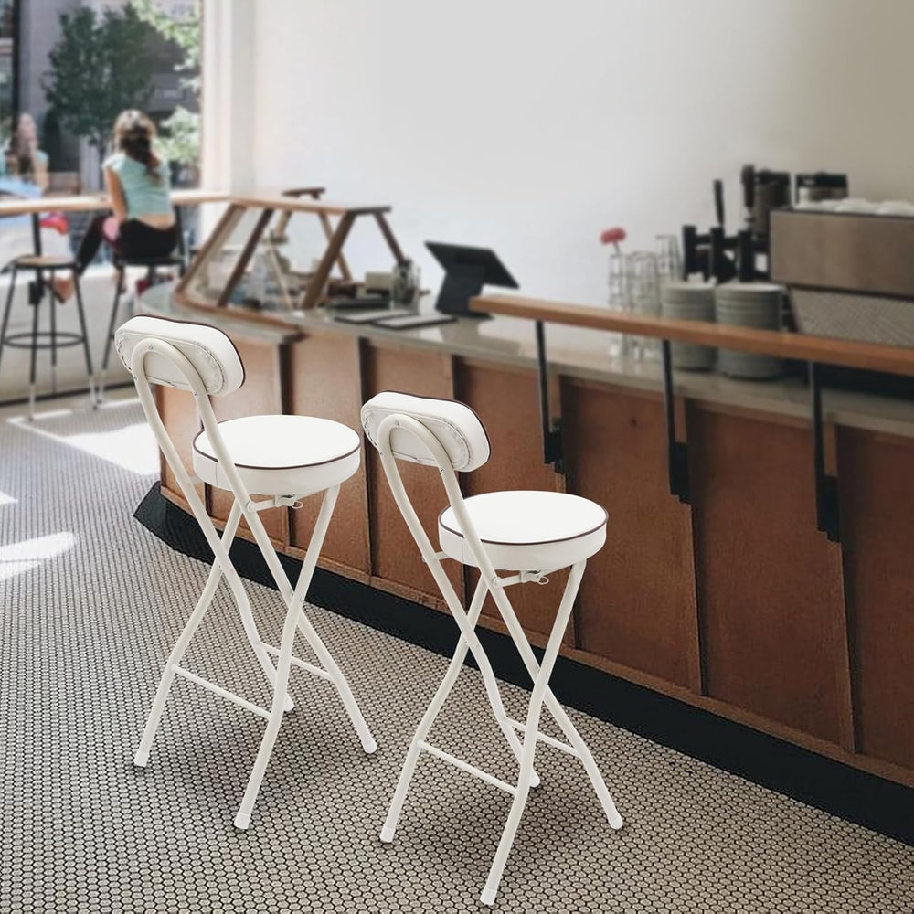 Set of 2-Folding Bar Stool Chair with Back, White Tall Foldable Chair Leather...