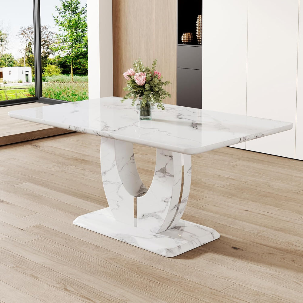 JUFU 63" Faux Marble Dining Table for 4-6 People, Modern Rectangular Kit...