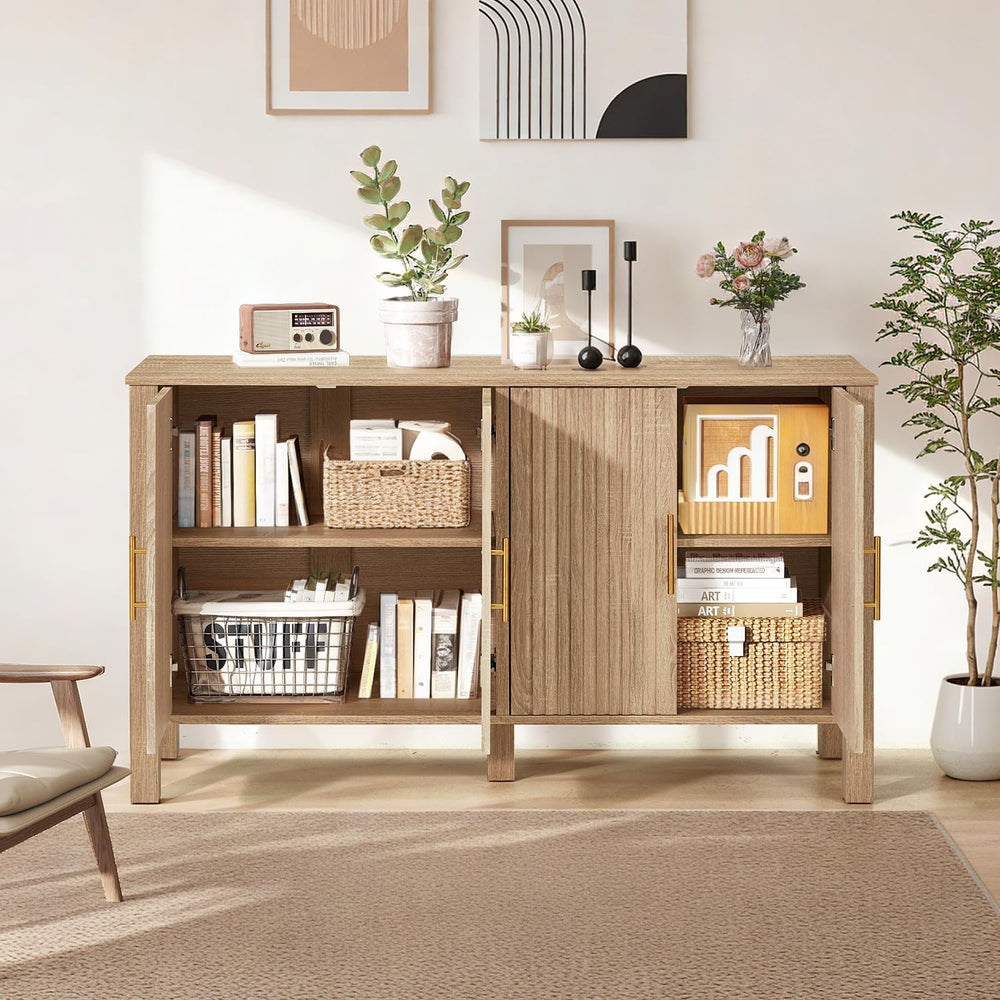 ECOTOUGE Natural 4-Door Fluted Buffet Cabinet with Storage