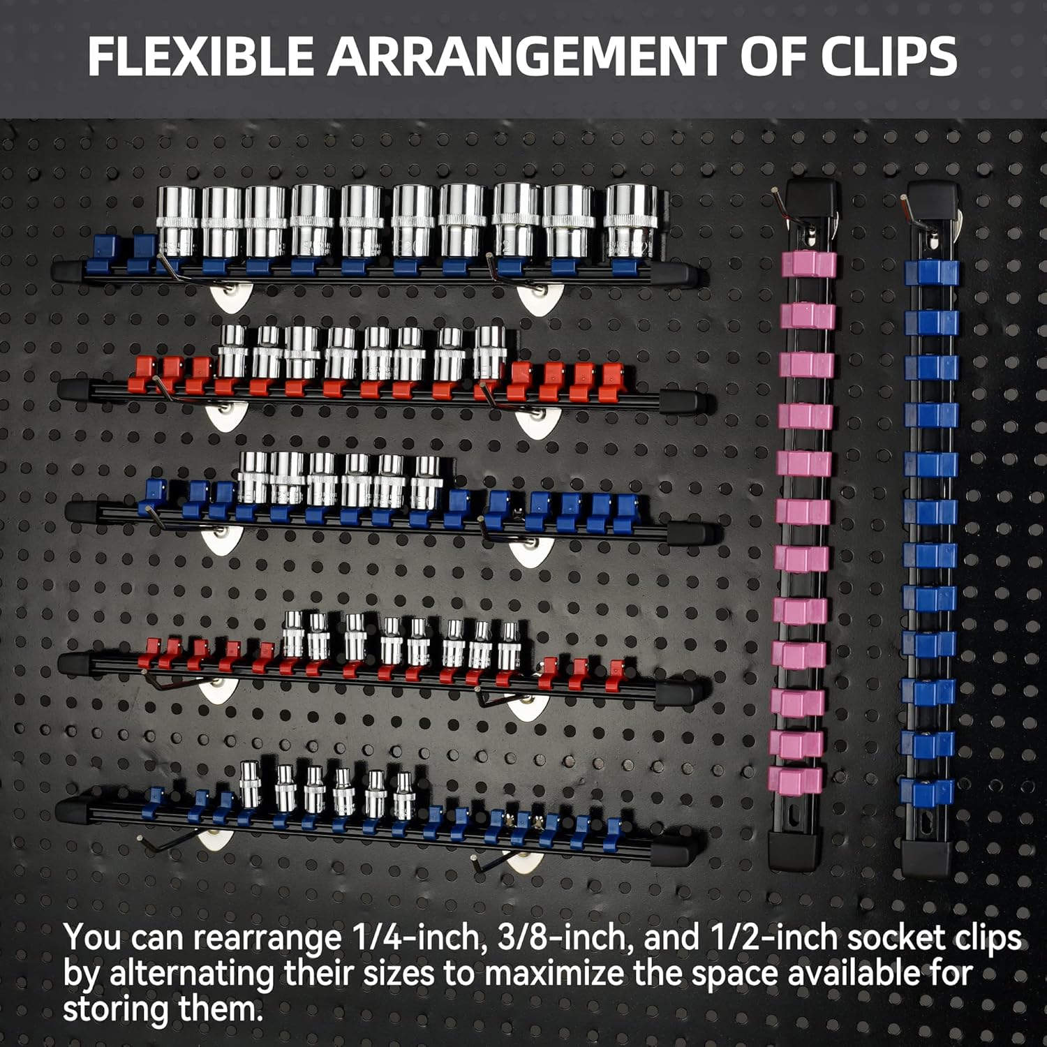 Socket Organizer Drive ABS Tools - Pink Socket Holder, Premium Quality 12 Pieces Socket Holders Kit 1/4-Inch x 64 Clips, 3/8-Inch x 60 Clips, 1/2-Inch x 48 Clips（12PC,Pink)