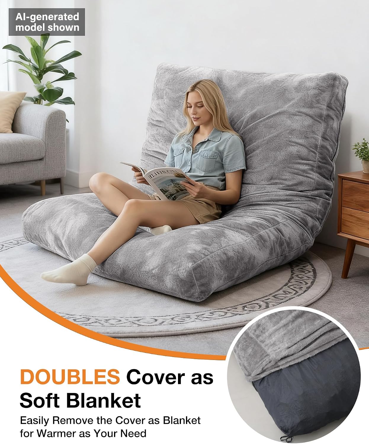 YEFU Bean Bag Chair for Adults: 4-in-1 Convertible Giant Bean Bag Bed, Overstuffed Memory Foam Floor Couch with Two Machine Washable Covers, Large Chair Bed for Living Room Bedroom, Full Grey