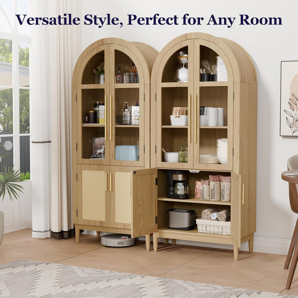 71" Tall Arched Cabinet with Glass Doors, Kitchen Pantry Storage Cabinet...