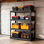 63''Storage Shelves, 4-Tier Garage Metal Shelving Unit, Adjustable, Double-Layer Column with Reinforced Ribs, Heavy-Duty, Capable of Bearing 2400 lbs Suitable for Garage, Warehouse, Kitchen Storage