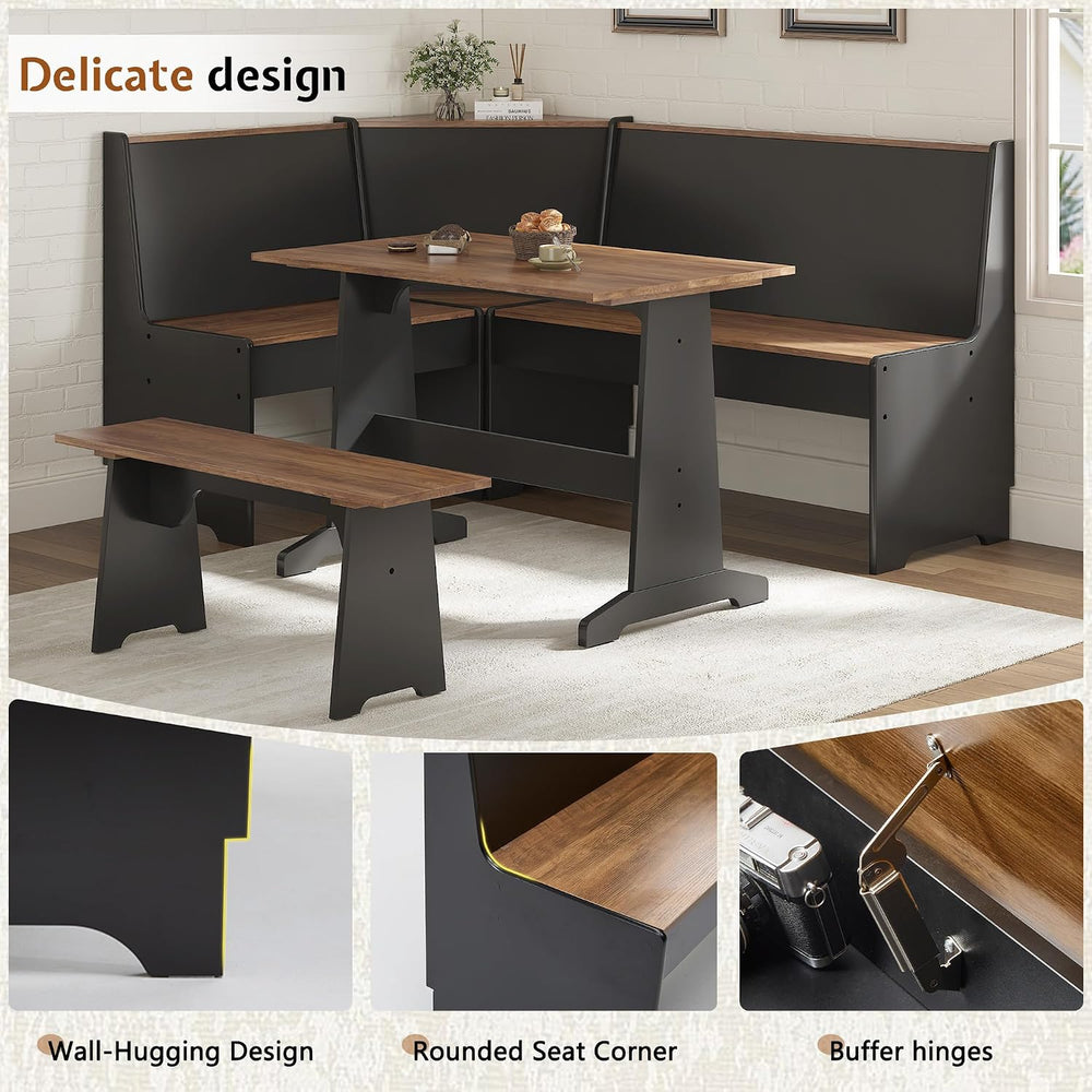 LUXOAK 3-Piece Corner Dining Set with Hidden Storage, Black Oak | Breakfast N...