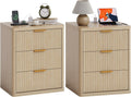 Fluted Nightstand Set of 2 with Charging Station, Bedside Table with 3 Drawers Storage Space, Metal Handles and Rounded Corners for Safety, Mid Century Modern End Table, for Bedroom, Living Room