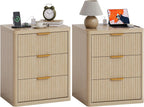 Fluted Nightstand Set of 2 with Charging Station, Bedside Table with 3 Drawers Storage Space, Metal Handles and Rounded Corners for Safety, Mid Century Modern End Table, for Bedroom, Living Room