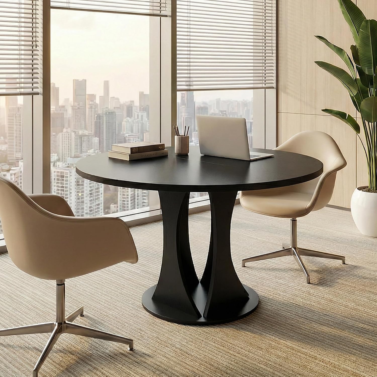 iPormis Round Dining Table, 47'' Kitchen Table for 4-6, Dining Room Dinner Table with Wooden Tabletop & Geometric Arcs Pedestal for Kitchen, Living Room, Home, Office, Black