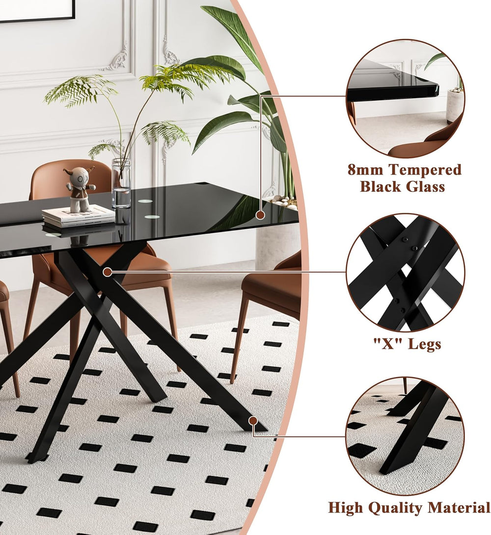 51.2" Glass Dining Table for 2-4 People, Modern Kitchen Table with Black...
