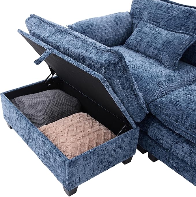 Ball & Cast Modular Sectional Sofa,L Shaped Couch with Movable Storage Ottoman,Chenille Upholstered Sofa W/USB Charging Port,Phone Holder and Side Pocket,for Living Room,Apartment,Navy,109"