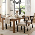 HNY Mid Century Modern Dining Chairs Set of 4, Farmhouse Linen Fabric Upholstered Accent Chairs Curved Nailhead Trim Backrest Kitchen Chairs, with Black Hardwood Frame, Beige