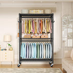 FUTASSI P1 Plus Rolling Clothes Rack, 22mm Diameter Heavy Duty Garment Rack with Wheels, Portable Closet Wardrobe with Double Rods, 45" W x 17.7" D x 80.5" H, Max Load 524 LBS, Black