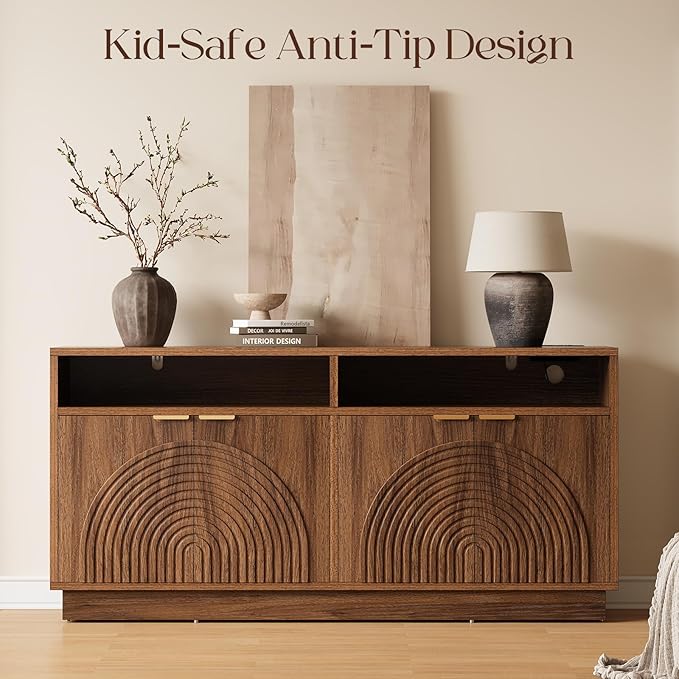 Fluted TV Stand with Power Outlet - 58" TV Stands for Living Room, Mid Century Entertainment Center with Storage Cabinets & Adjustable Shelf, LED Modern Media Console for TVs Up to 70", Walnut