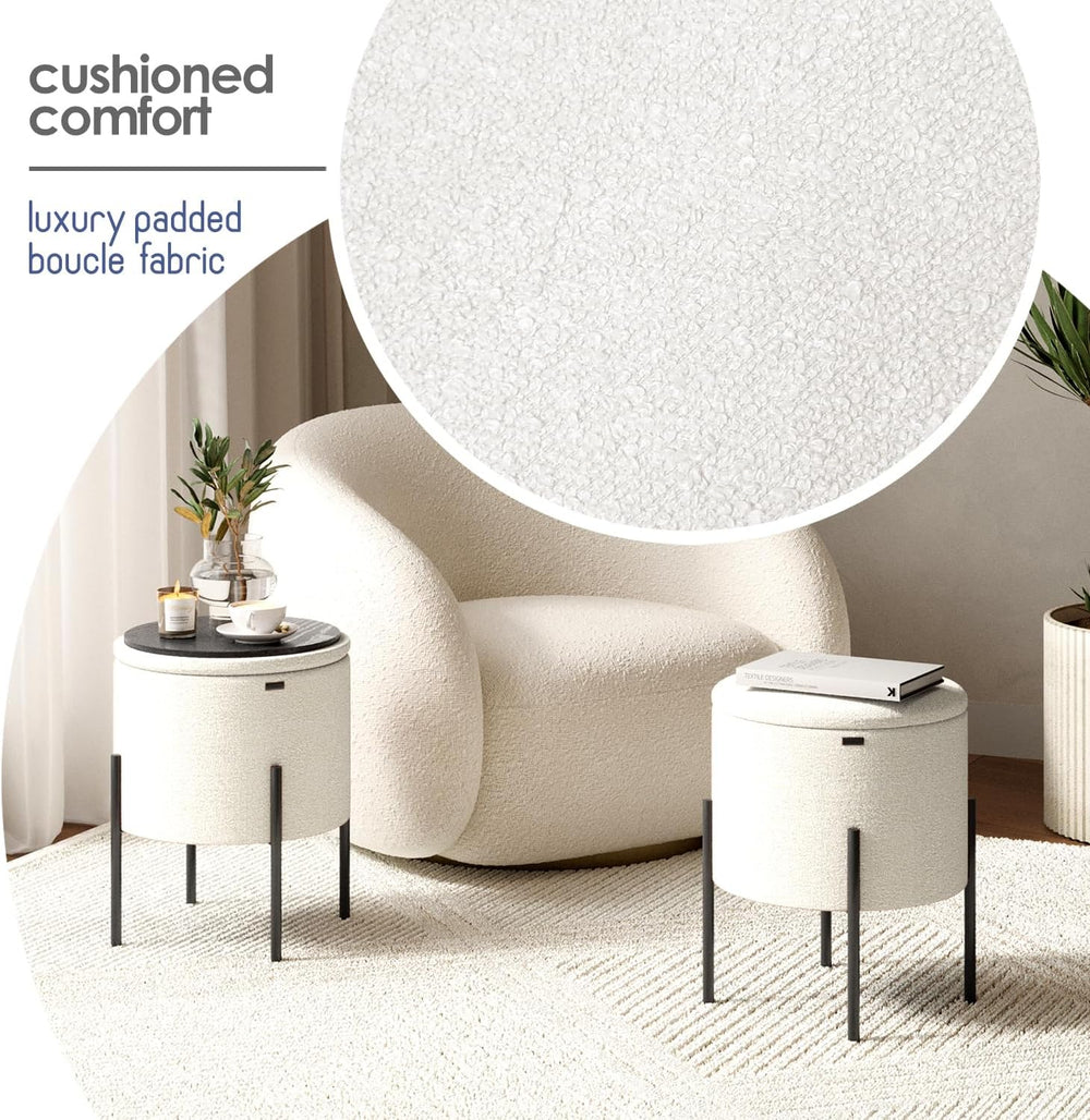 Round Ottoman with Storage, Boucle Storage Ottoman, Foot Stool Ottoman, Makeu...