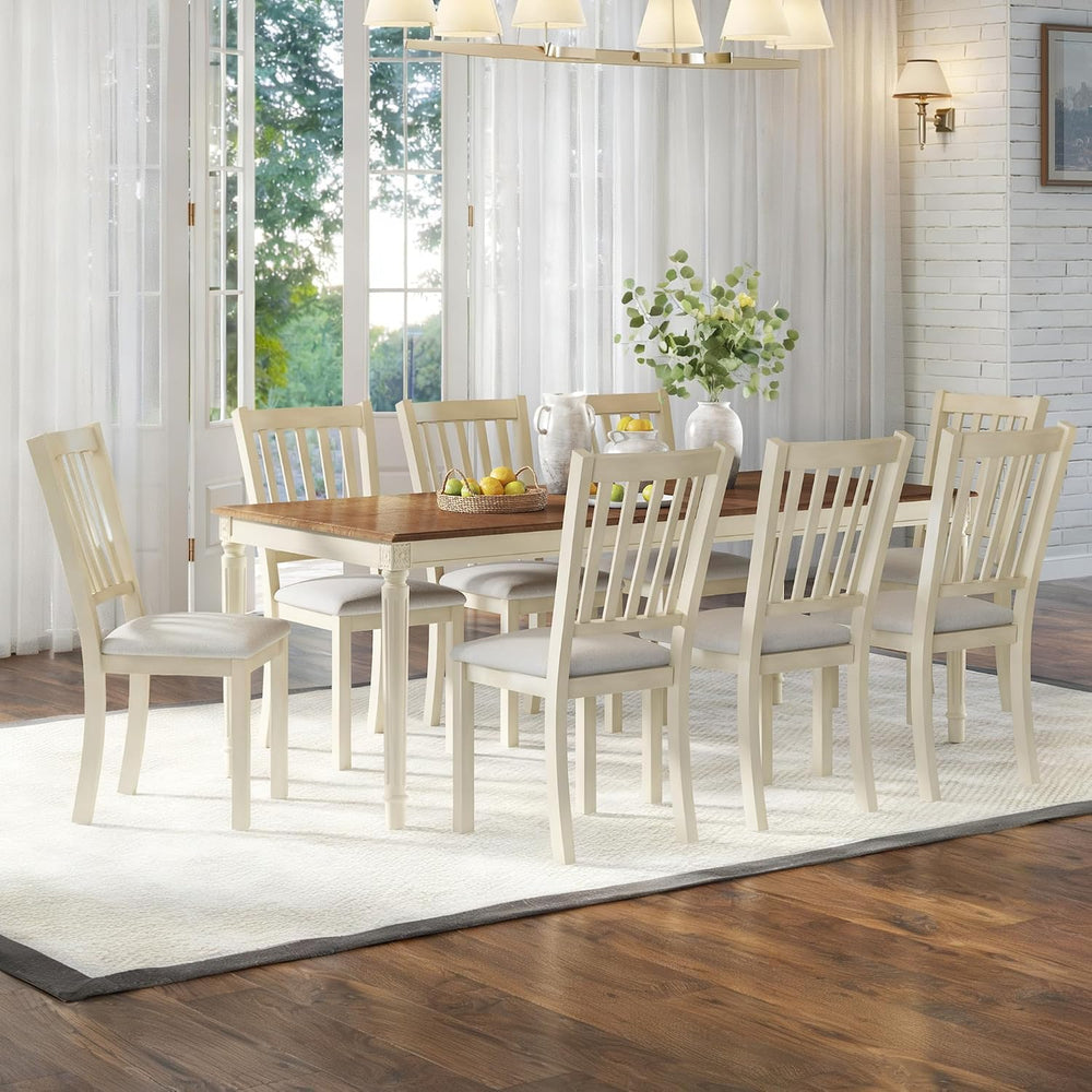 AMERLIFE 9 Piece Farmhouse Dining Table Set with 79" Table, Cream | Soli...