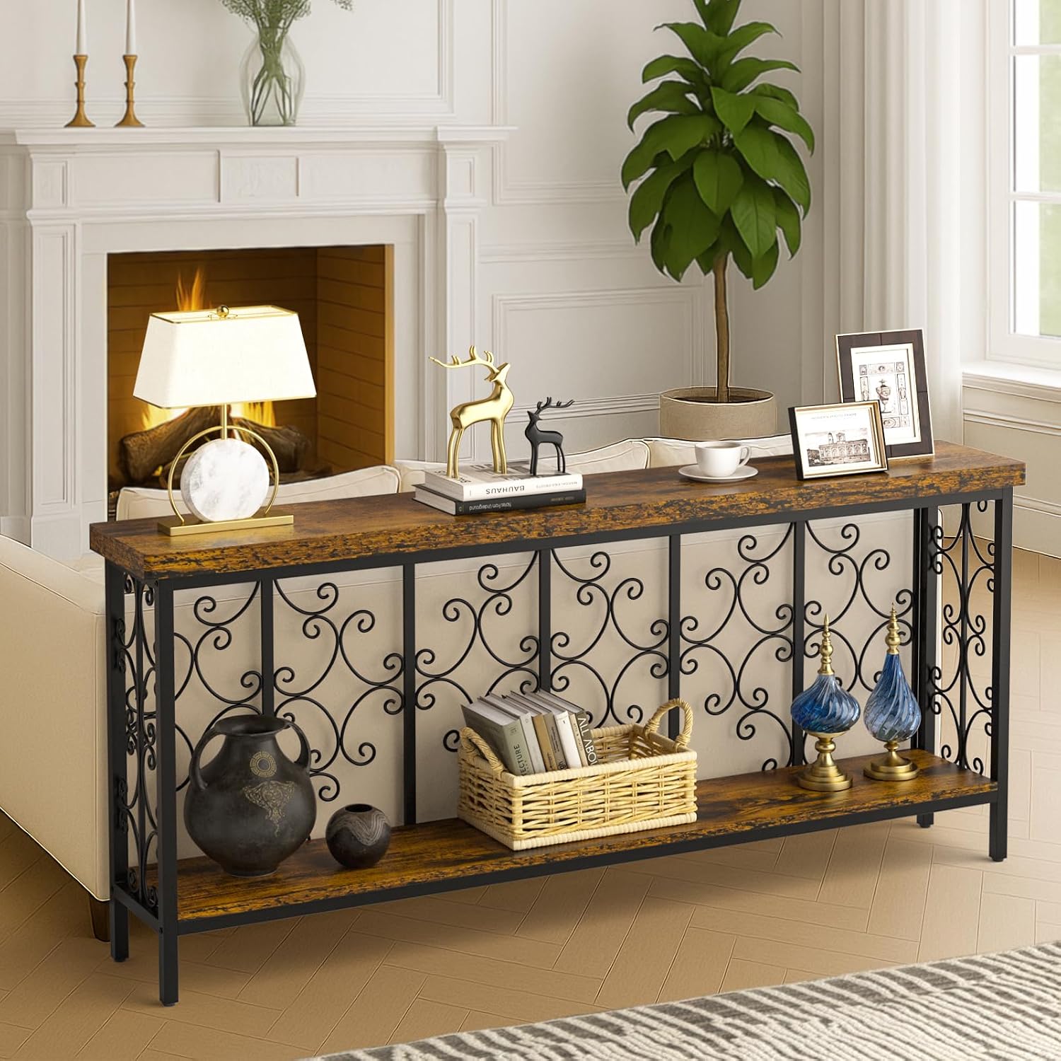 ikkle 70.9" Narrow Sofa Table Behind Couch with 2-Tier Storage Shelf. | Industrial Console Table with Auspicious Cloud Design and Premium Water-Resistant Wood Finish.Fit for Entryway, Living Room.