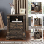 Farmhouse White Night Stand Set of 2, 18" Nightstand with Charging Station, Wood Rustic End Table, Roman Column Design, Modern Design Bedside Cabinet for Bedroom,Home, Dark Rustic Oak