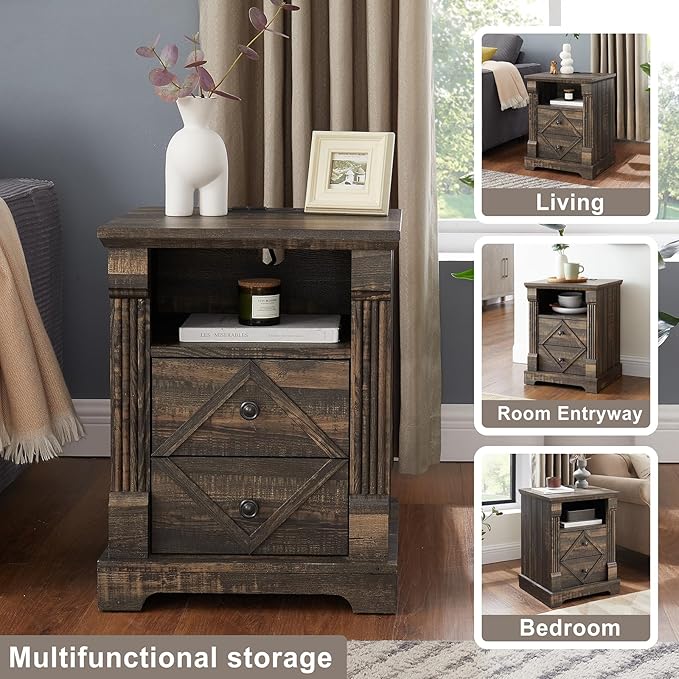 Farmhouse White Night Stand Set of 2, 18" Nightstand with Charging Station, Wood Rustic End Table, Roman Column Design, Modern Design Bedside Cabinet for Bedroom,Home, Dark Rustic Oak