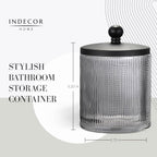 Gray Colored Tranlucent Apothecary Ribbed Geo Etched Glass Jar W/Matte Black Metal Lid Cover for Bathroom Organization, Cotton Balls, Q Tips, and Small Accessories, Bathroom Storage