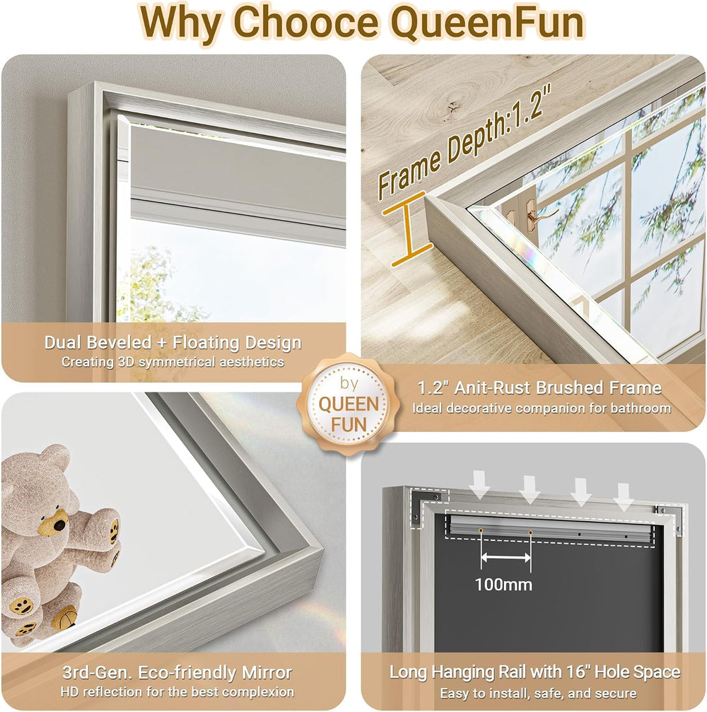 16x60 Inch Brushed Nickel Rectangle Full Length Mirror with Beveled Edges, An...