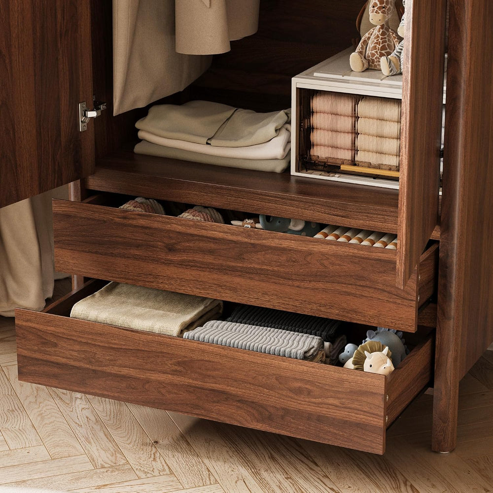 MAISONARIA Wardrobe with 2 Doors and 2 Drawers, 70.9”H Modern Walnut Bedroom ...
